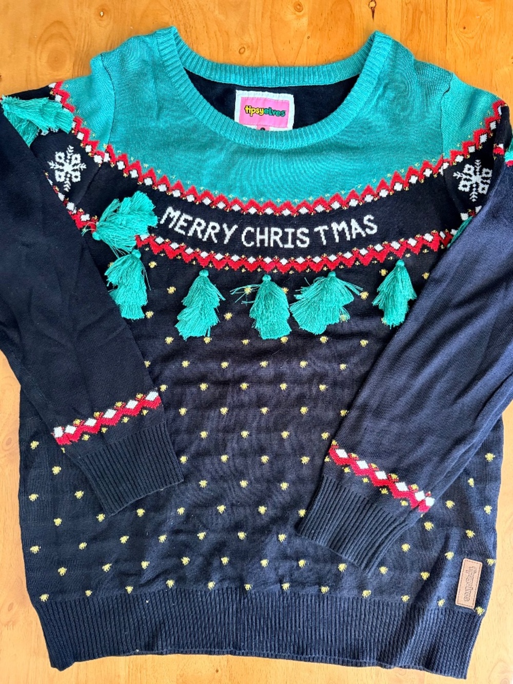 Tipsy Elves Merry Christmas Tassel Sweater Navy Teal Gold Metallic Womens Lg 647